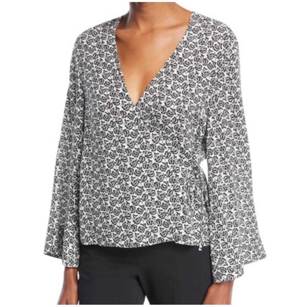 A.L.C. Ray Silk Women's Black White Floral Print Long Sleeve Wrap Blouse Size 4 - Picture 6 of 7